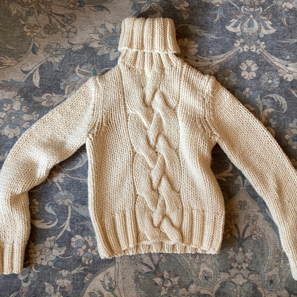 White J. Crew Handknit Wool Cable Turtleneck Sweater